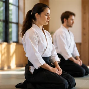 Aikidoka zit geconcentreerd op de mat voor de training